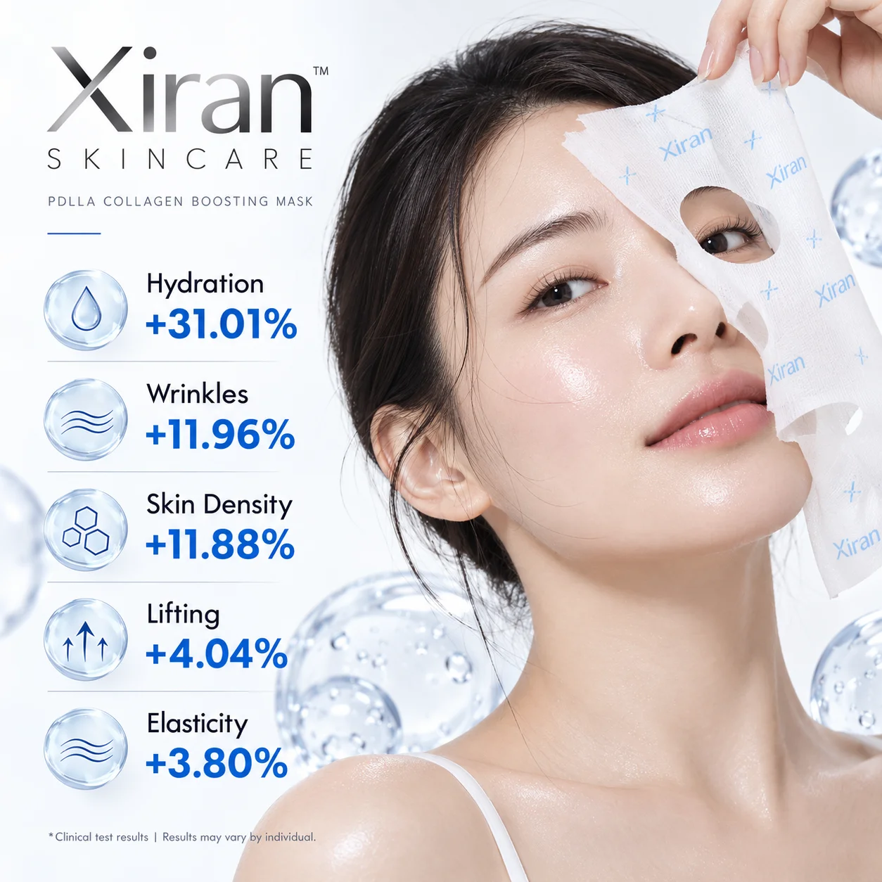 A young woman applying a Xiran PDLLA collagen boosting mask, showcasing hydration, wrinkle reduction, and skin benefits with text highlighting clinical results.